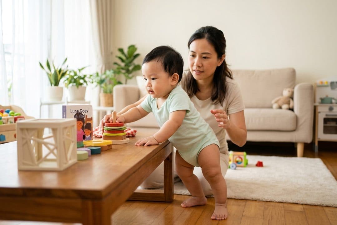 A barefoot baby standing at a coffee table, holding on with one hand and reaching for a stacking toy, with a parent kneeling close behind