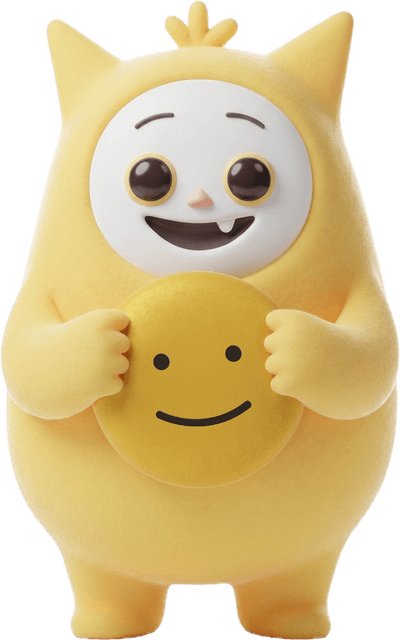 Emomo, the Learning Time mascot, holding a gold pebble