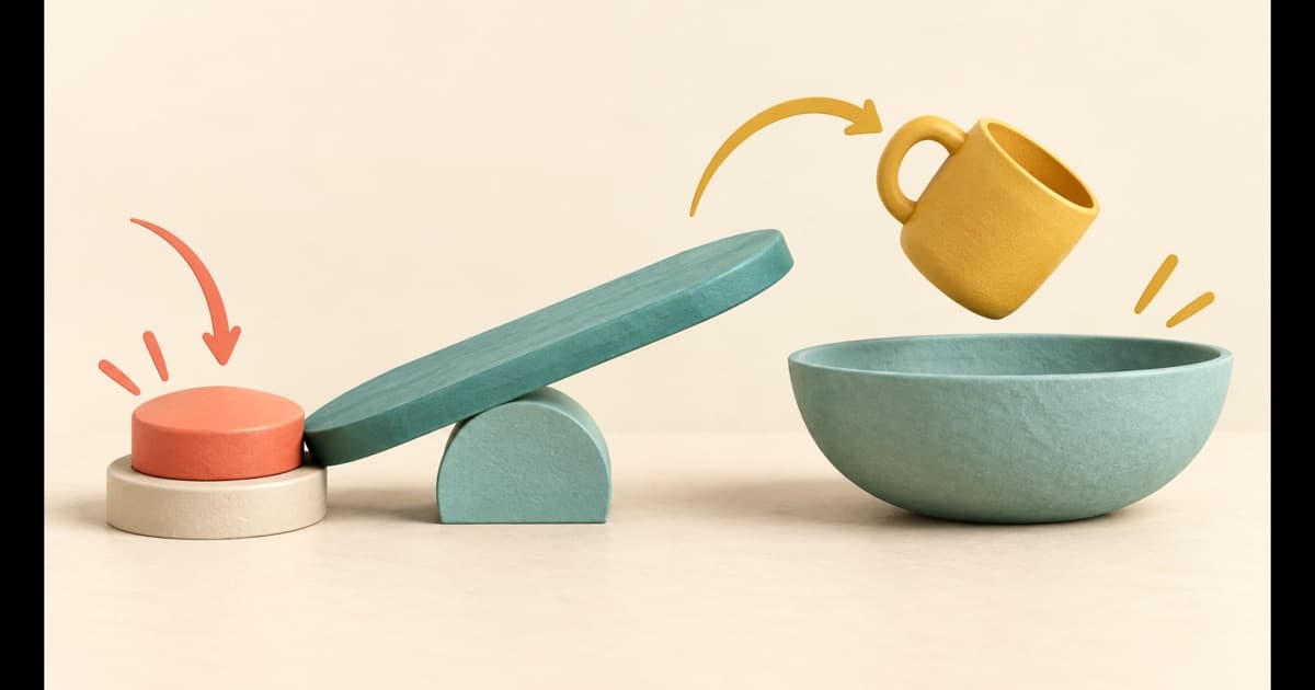 A large button, tilting platform, cup, and bowl showing action and result