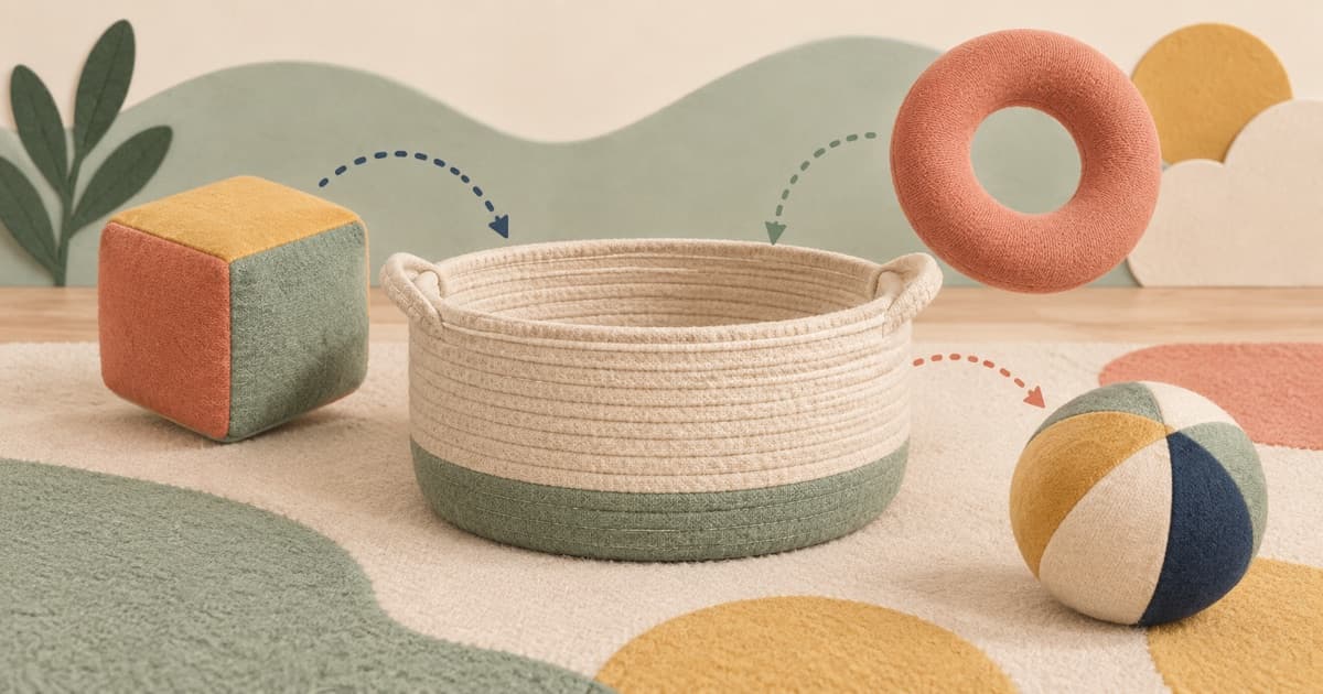 A wide fabric basket with a large soft block, ring, and ball