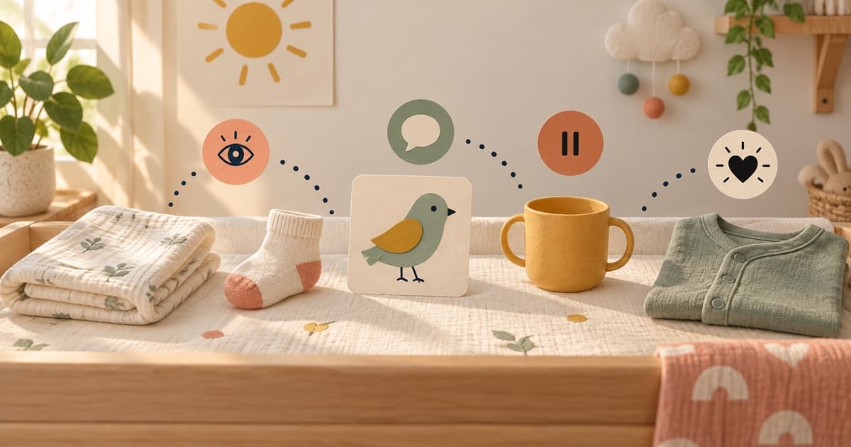A folded cloth, sock, picture card, and cup arranged as a gentle routine