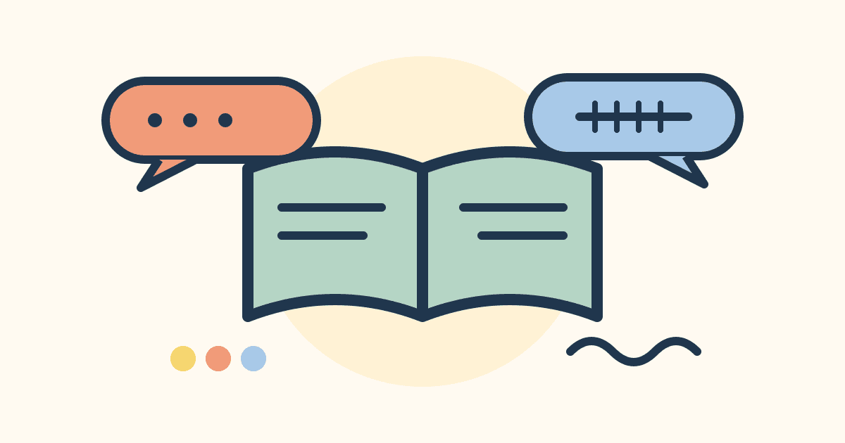 An open book between two speech bubbles with different patterns, representing a family's languages