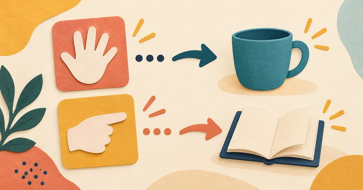 Hand and pointing symbols leading toward a cup and open book