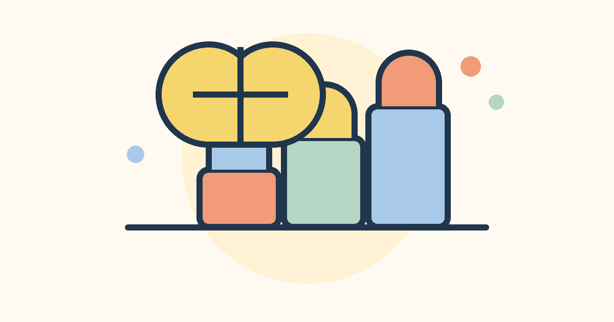 Original illustration of colorful stacking cups beside a wrapped gift