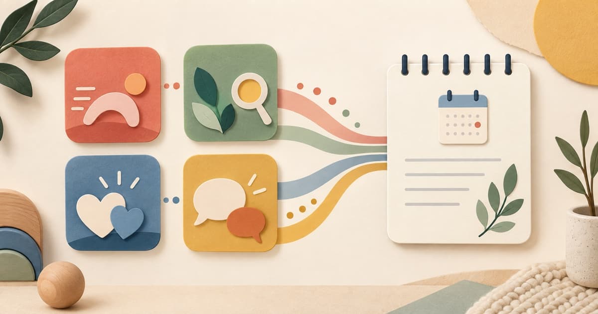 Four development observation tiles flowing into a dated journal