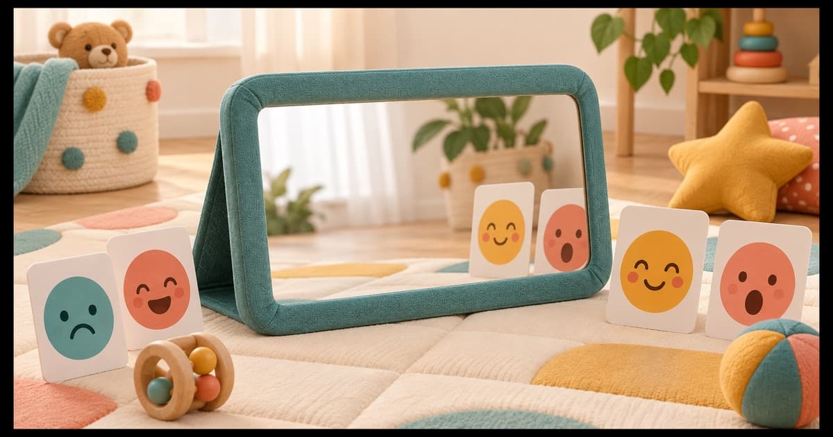 A padded baby-safe mirror with simple face-expression cards