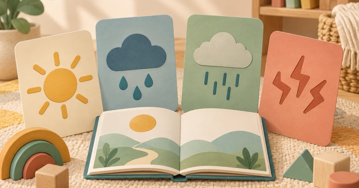 Four weather-symbol feeling cards arranged around an open picture book