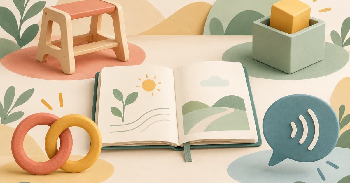 An open observation journal surrounded by movement, problem-solving, connection, and communication symbols