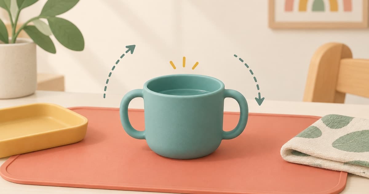 A small two-handled open cup on a meal mat beside a folded cloth