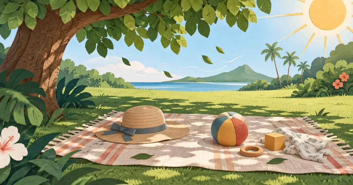 A shaded outdoor play blanket with a hat, ball, and leaves