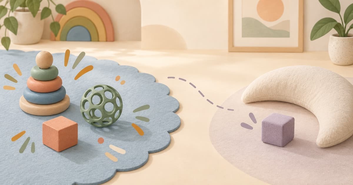 Play objects beside a quiet cushion in an illustration of taking a break
