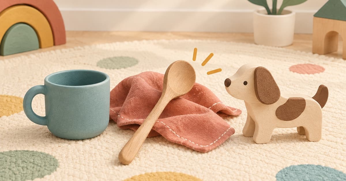 A cup, wooden spoon, cloth, and toy dog arranged for simple pretend play