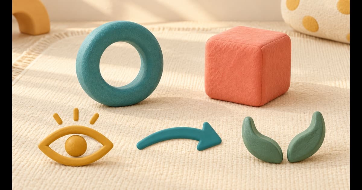 A large teal ring and coral cube arranged for look-reach-grasp play