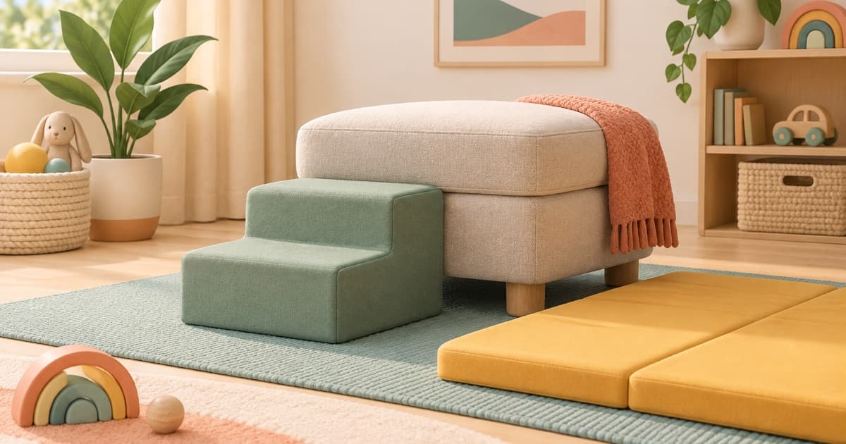 A low foam step beside a stable ottoman and padded landing mat