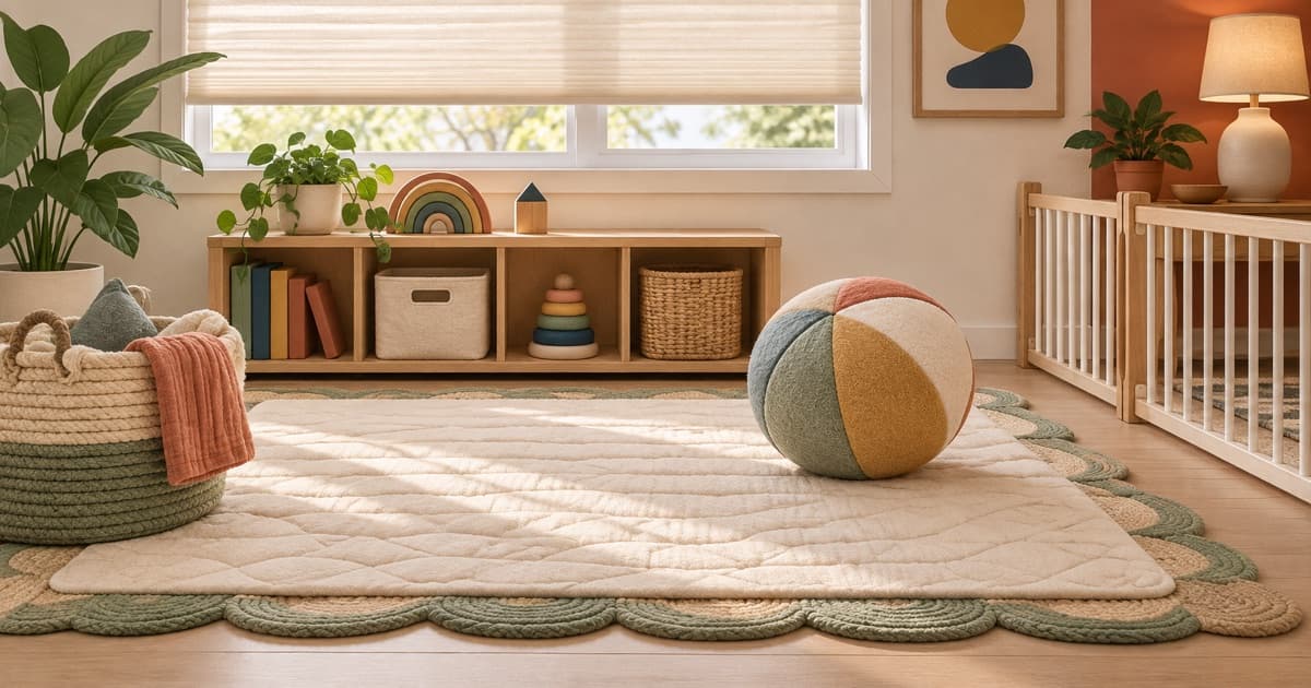An uncluttered play mat beside a low shelf, cordless window, basket, and soft ball