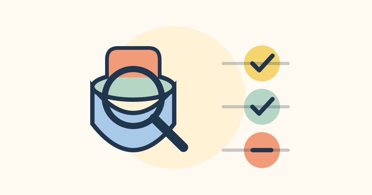 An illustrated stacking cup beside a magnifying glass and simple inspection checks