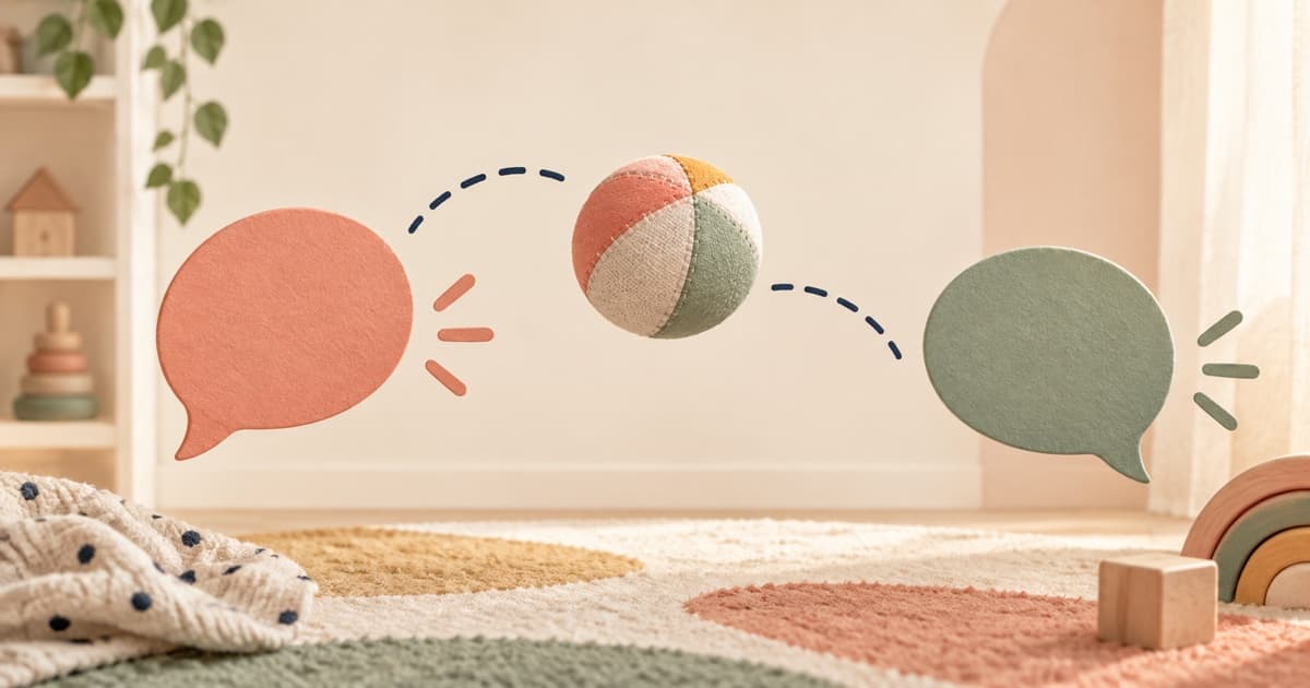 A soft ball moving between two speech bubbles in a playroom illustration