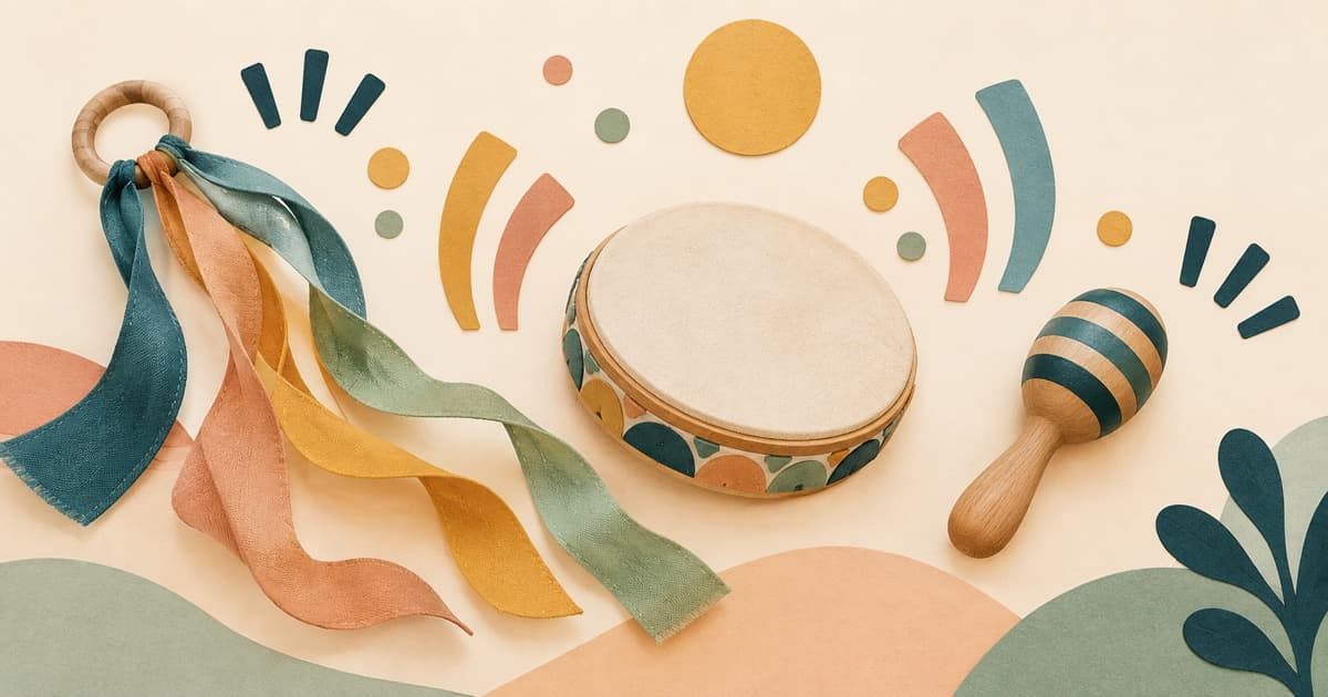A soft drum, shaker, and colorful ribbons arranged for rhythm play