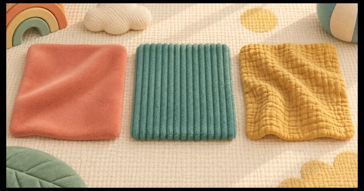 Three large washable fabric squares with smooth, ribbed, and crinkled textures