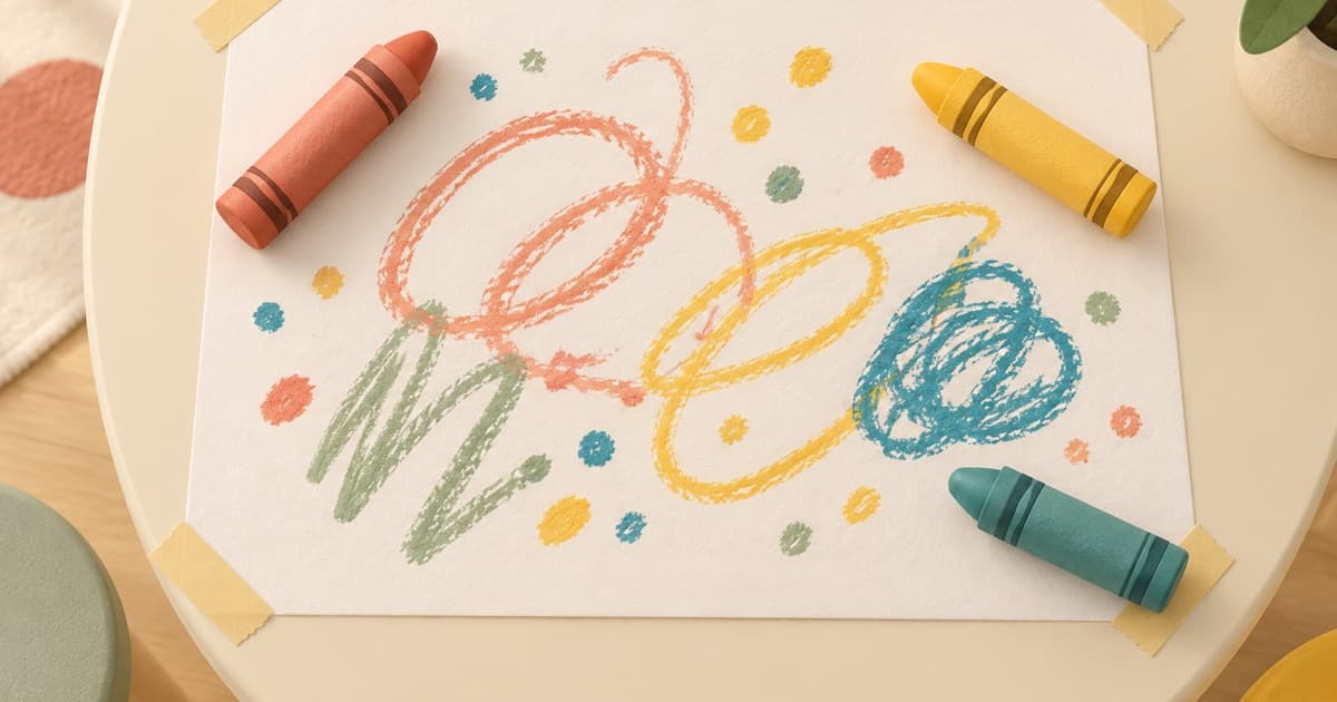 Chunky crayons around a taped sheet of paper covered with broad scribbles